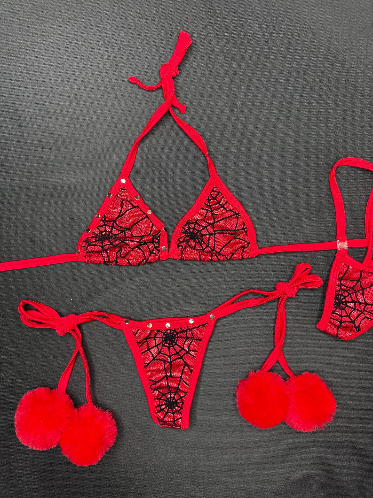 Red/Black Web Print Red Fur Two-Piece Side-Tie Bikini Lingerie Outfit