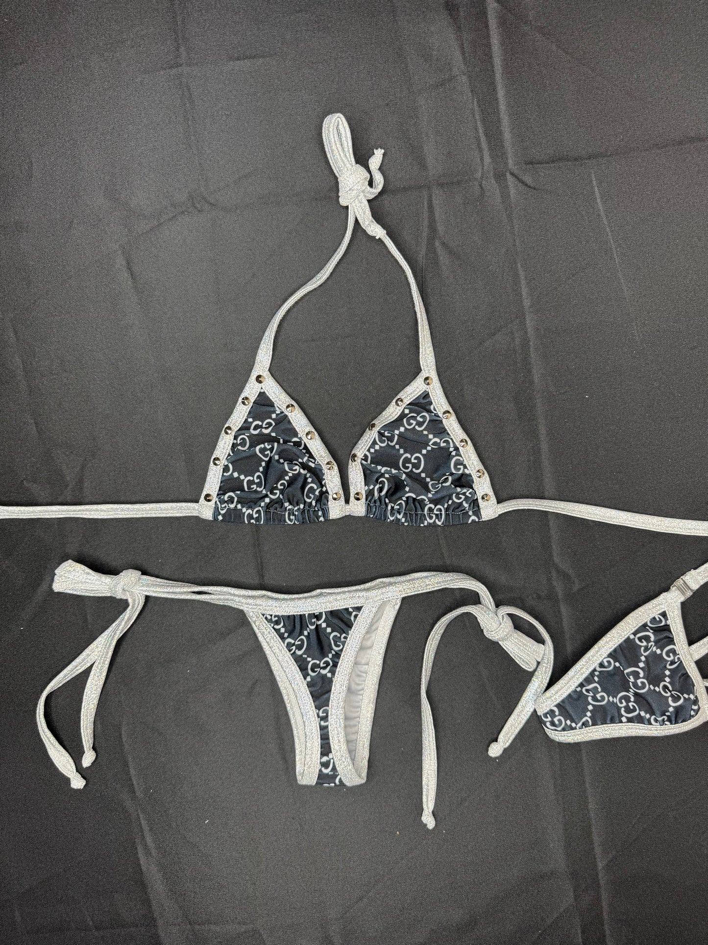 Black Designer/Metallic Silver Spandex Two-Piece Bikini Lingerie Outfit