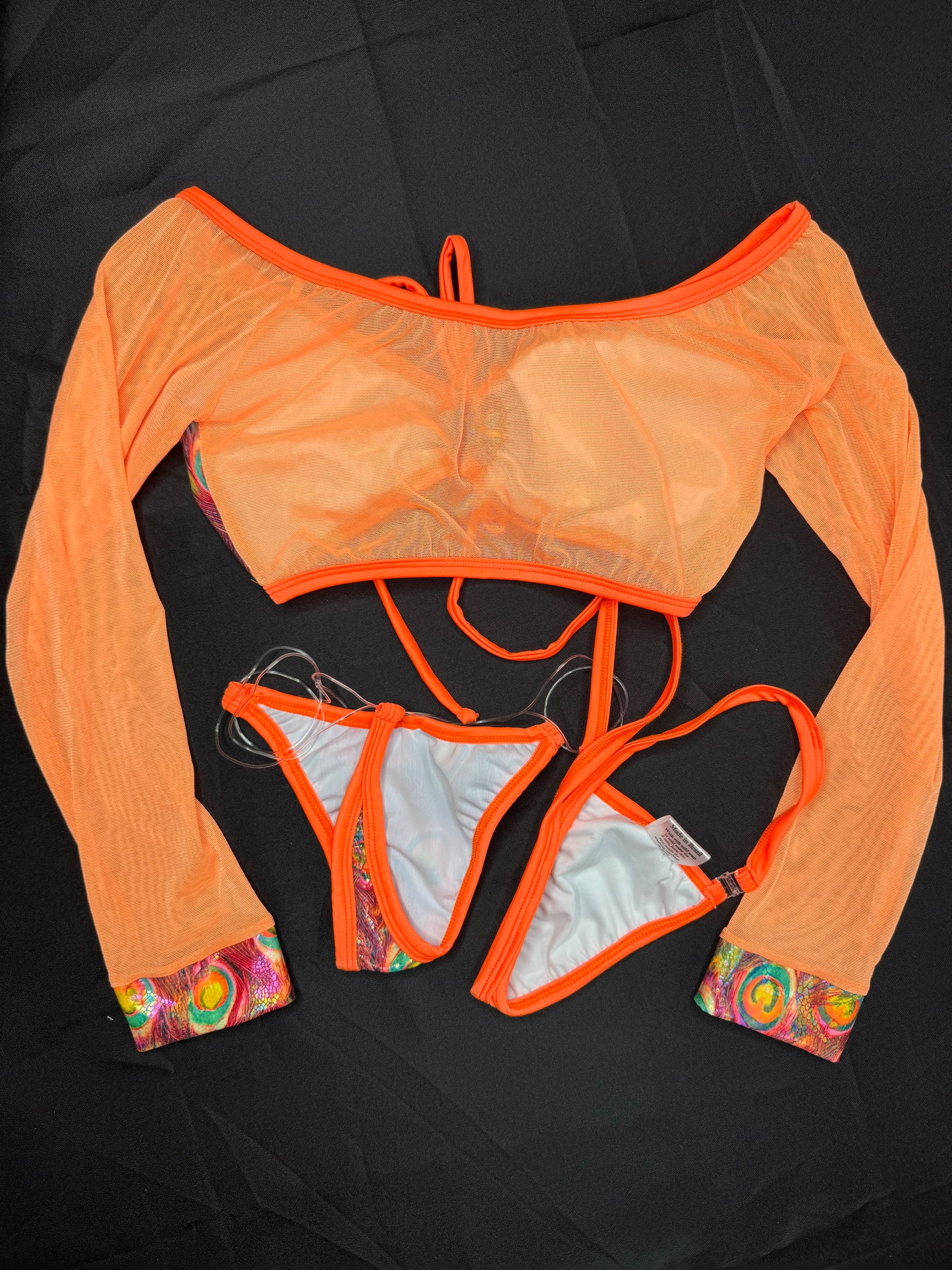 Orange Mesh/Holographic Peacock Animal Print Spandex Two-Piece Lingerie Outfit