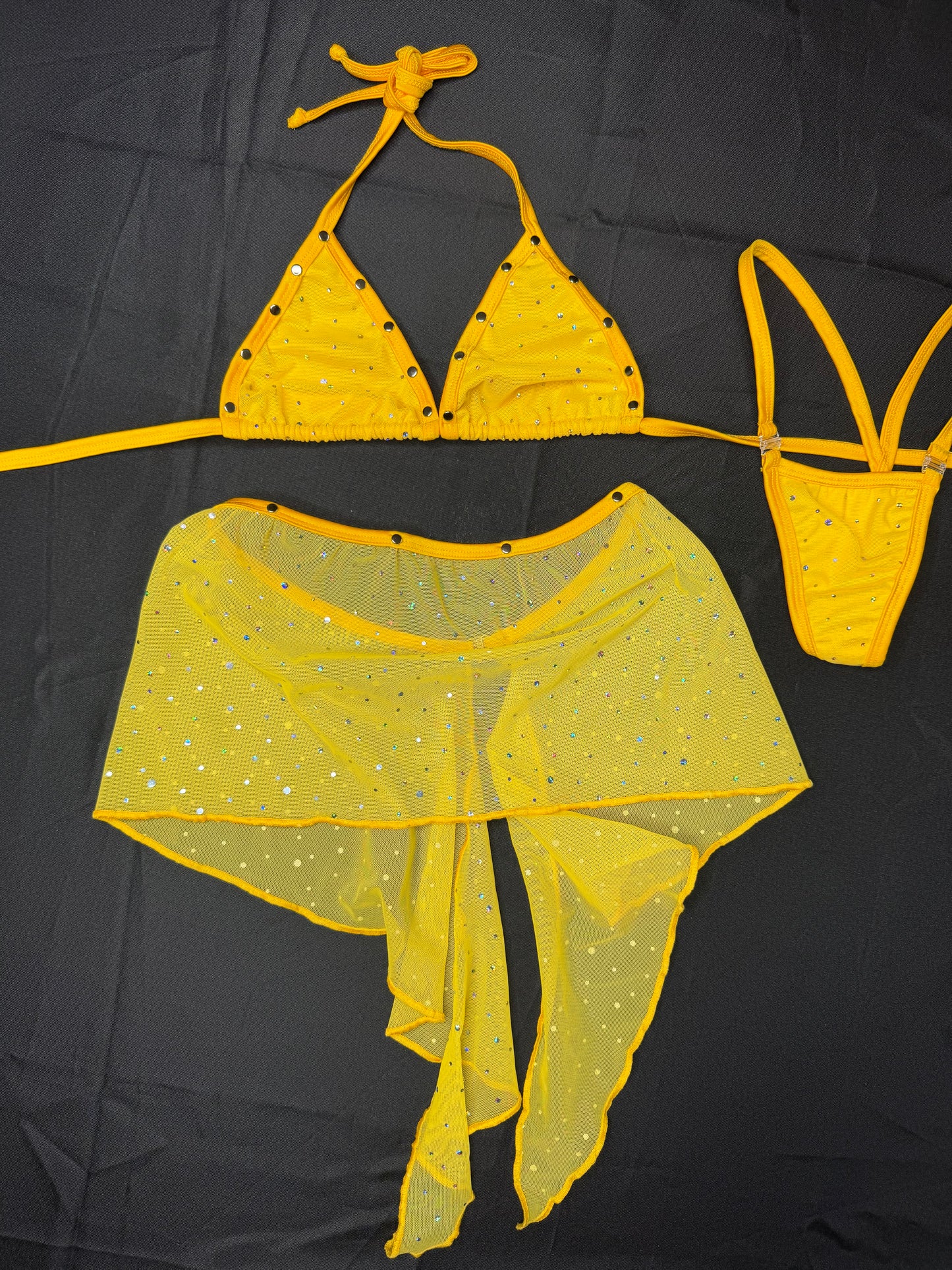 Yellow Mesh Bikini Top/Skirt Two-Piece Lingerie Outfit