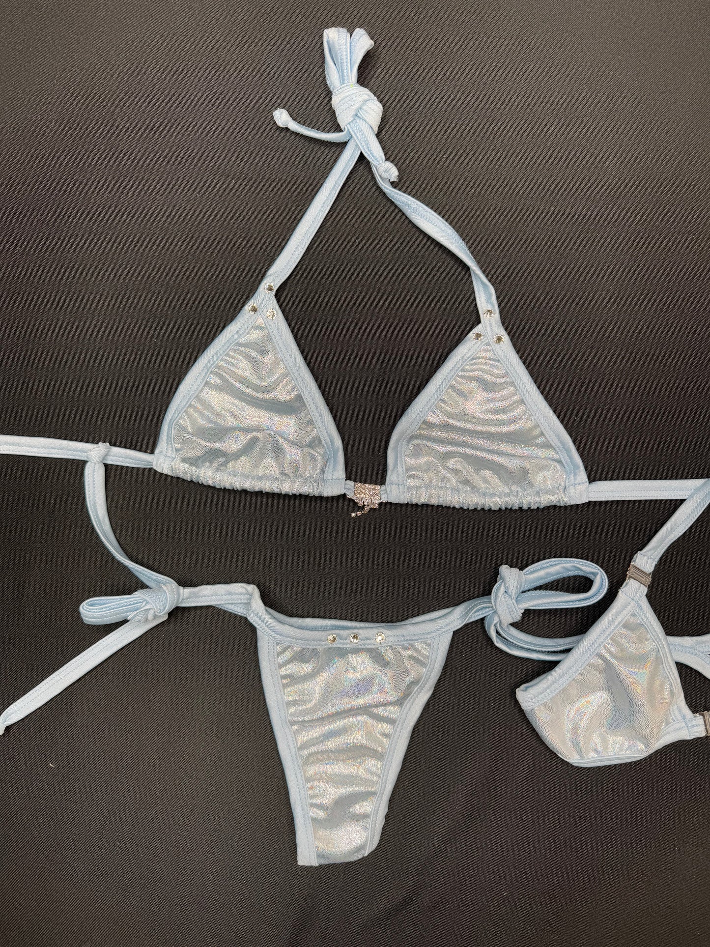 Metallic Baby Blue Two-Piece Side-Tie Bikini Lingerie Outfit