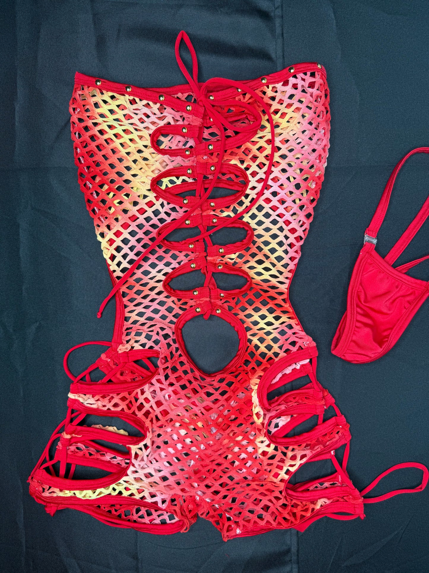 Red Ombré Fishnet One-Piece Lingerie Outfit