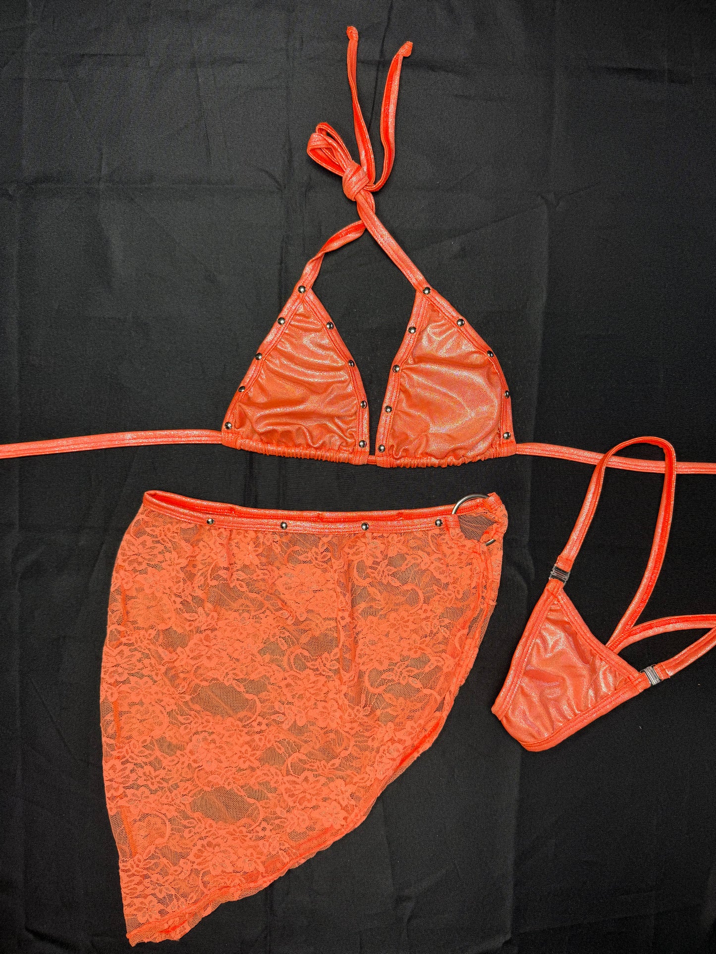 Orange Spandex/Orange Lace Two-Piece Skirt Lingerie Outfit