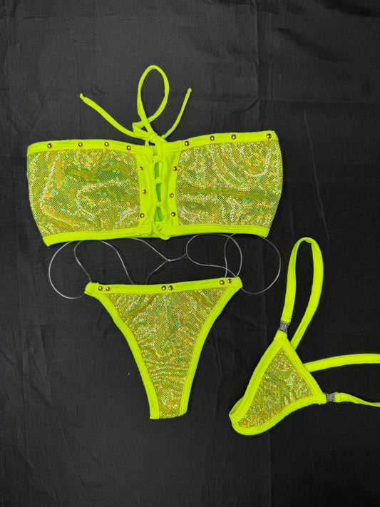 Metallic Neon Yellow/Neon Yellow Spandex Three-Piece Outfit