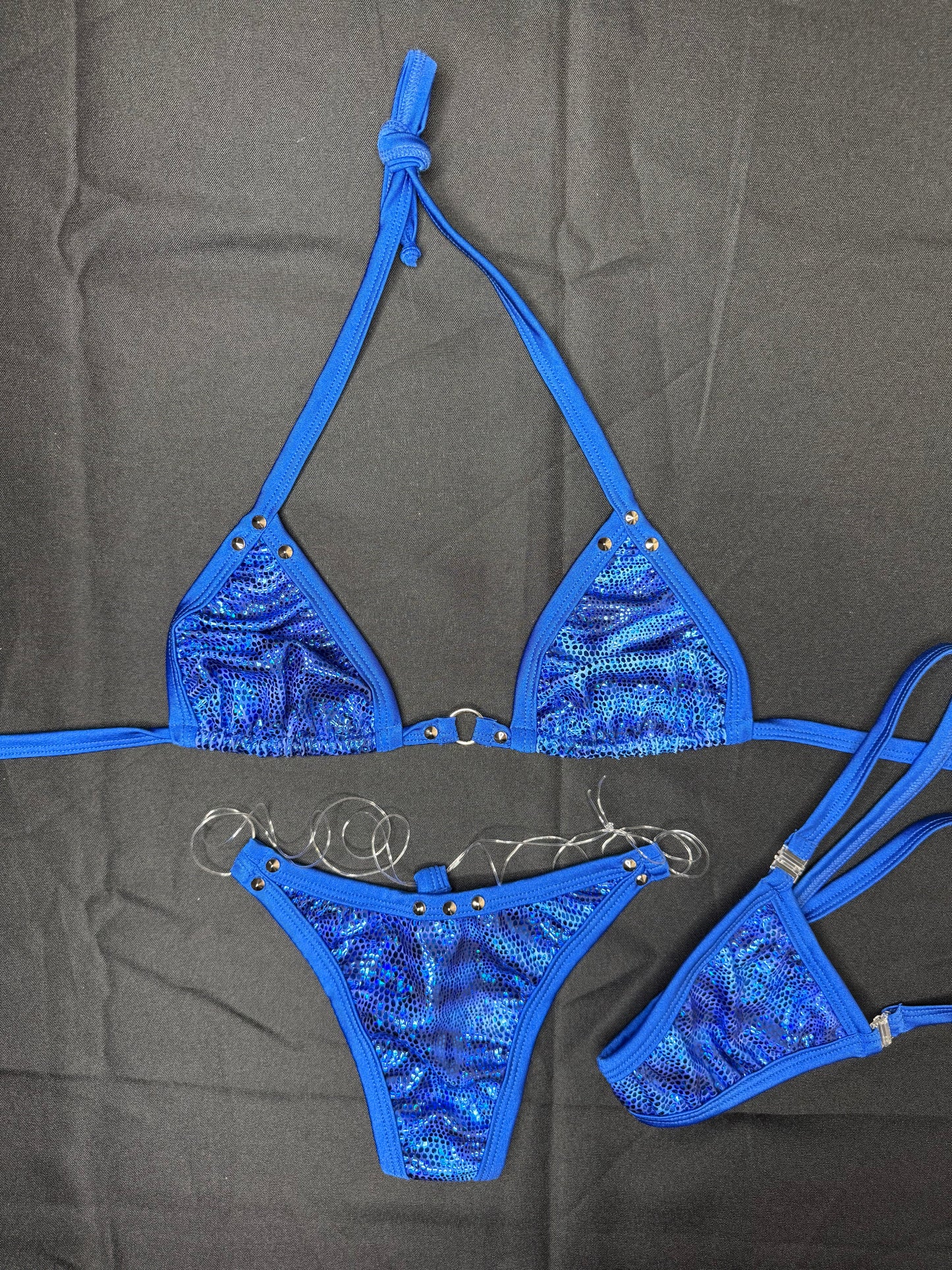 Metallic Royal Blue Animal Print Spandex Two-Piece Bikini Lingerie Outfit
