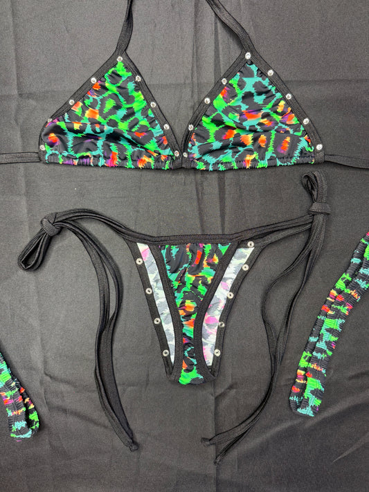Green Cheetah Animal Print/Black Spandex Two-Piece Bikini Lingerie Outfit