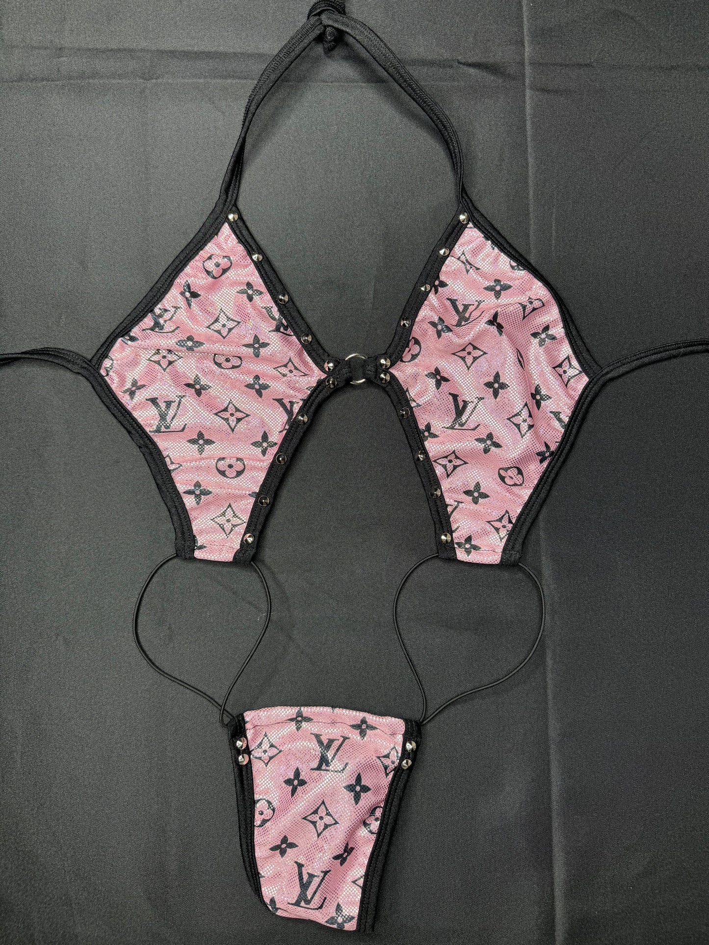 Metallic Baby Pink/Black Sling-Shot Exotic Dancer Outfit