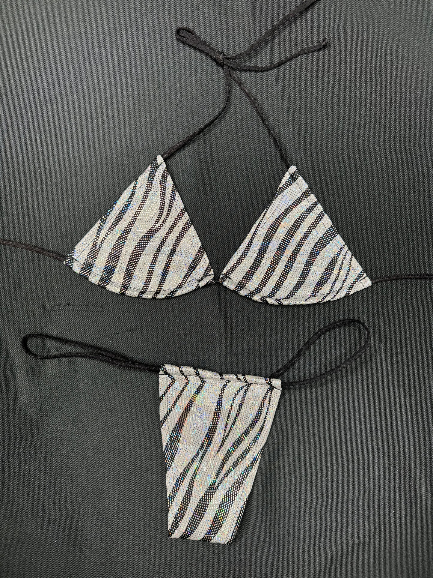 Metallic Silver/Black Tiger Stripe Two-Piece Micro Bikini Lingerie Outfit