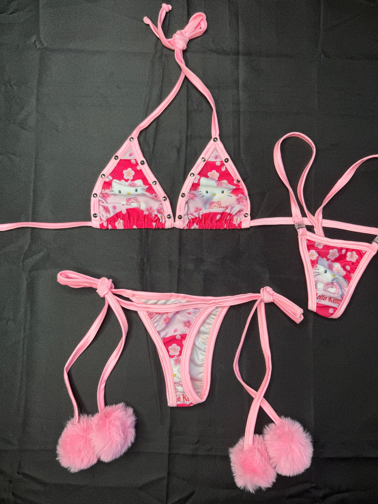Kitty/Pink Spandex Pom Pom Bikini Lingerie Outfit