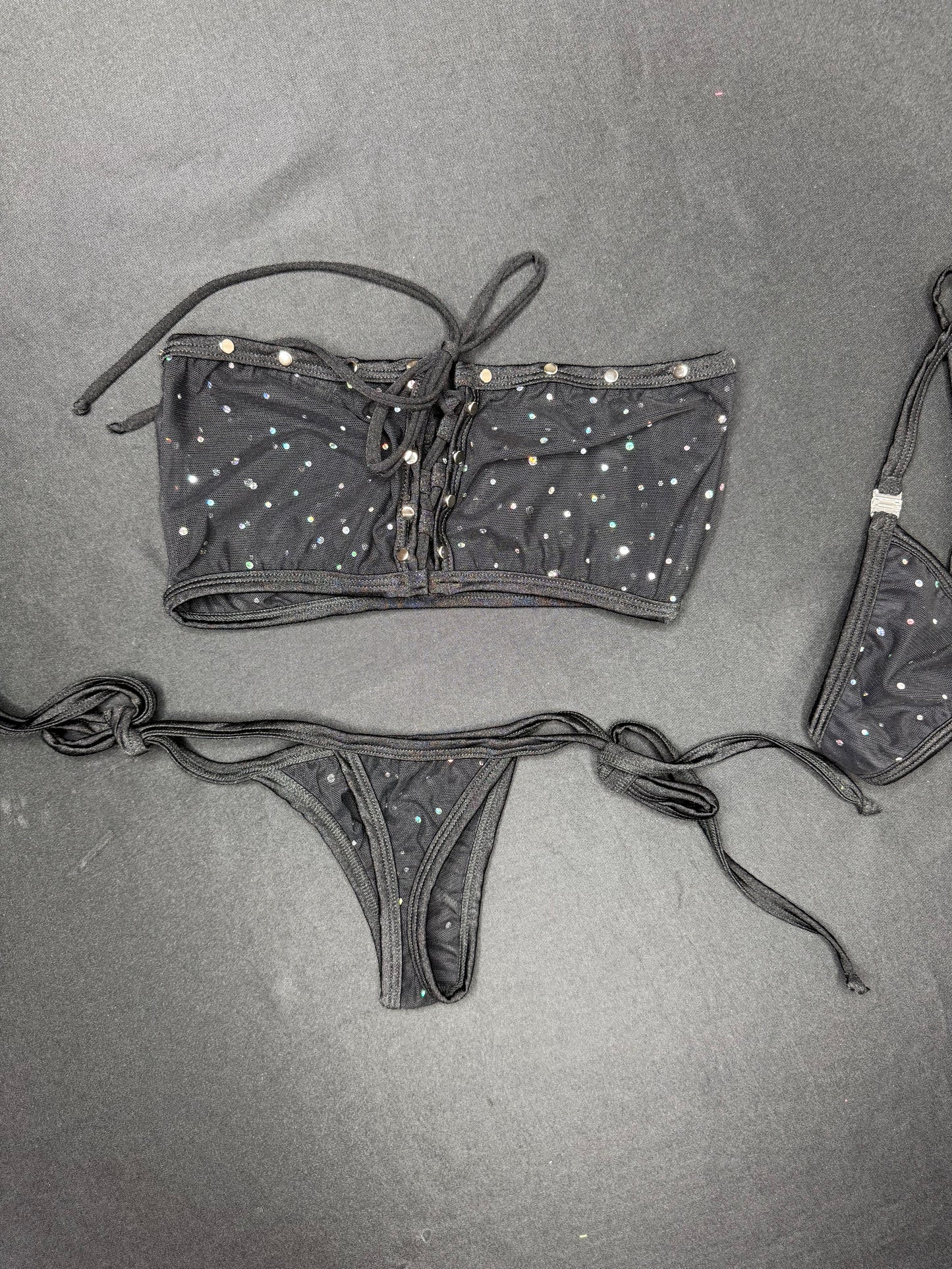 Black Sparkle Mesh Tube Top/Side-Tie Bikini Bottoms Two-Piece Lingerie Outfit