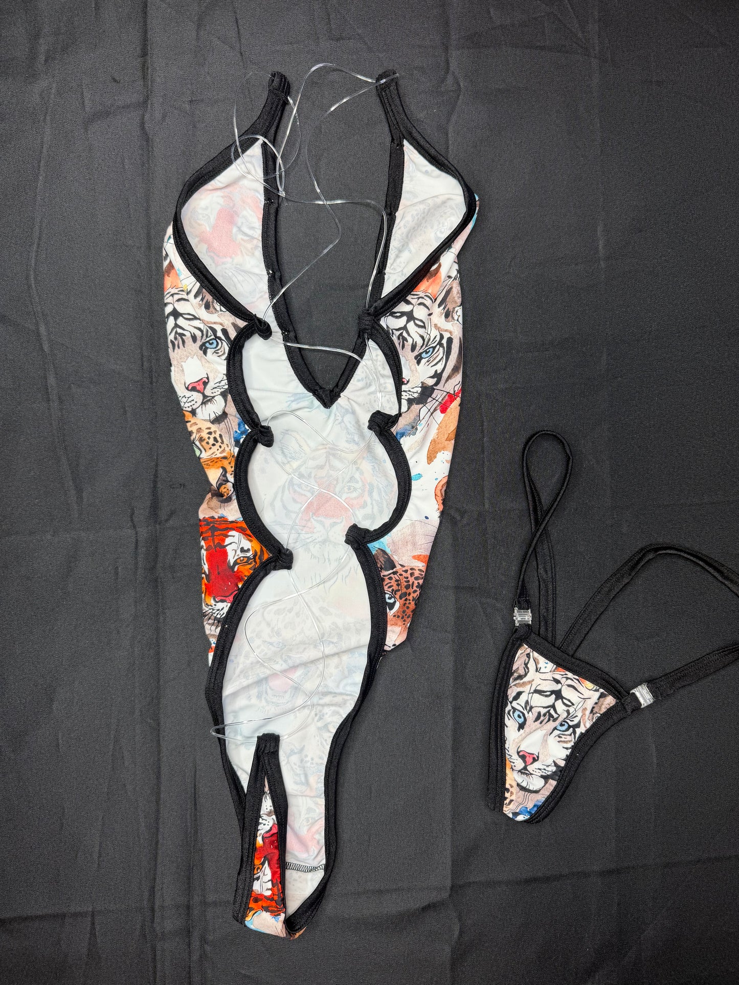 Tiger Print One-Piece Silicone String Back Lingerie Outfit