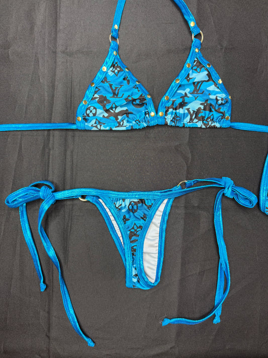 Blue Designer Camouflage/Metallic Blue Two-Piece Side-Tie Bikini Lingerie Outfit