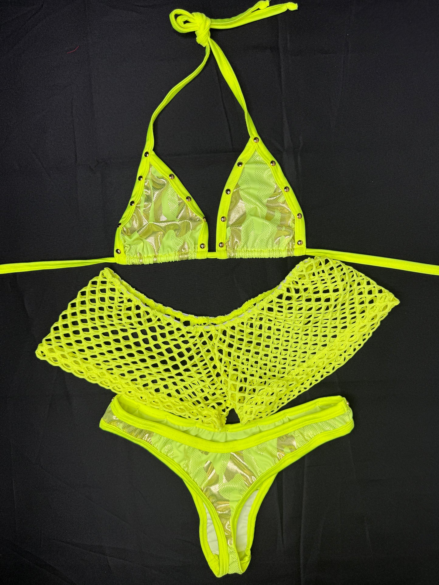 Neon Yellow Spandex Shorts/Cheeky Thong Three-Piece Lingerie Outfit