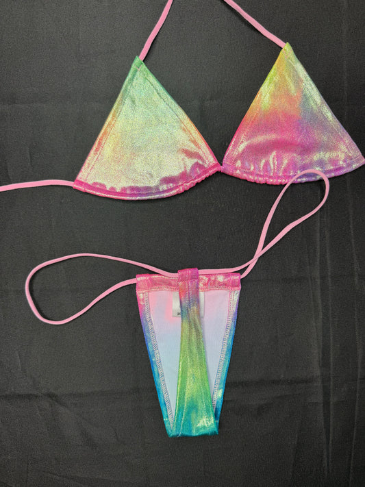 Metallic Rainbow Spandex Micro Bikini Lingerie Outfit
