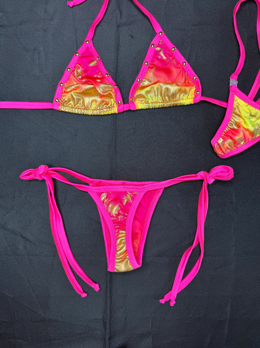 Red/Hot Pink/Yellow Spandex Two-Piece Bikini Lingerie Outfit