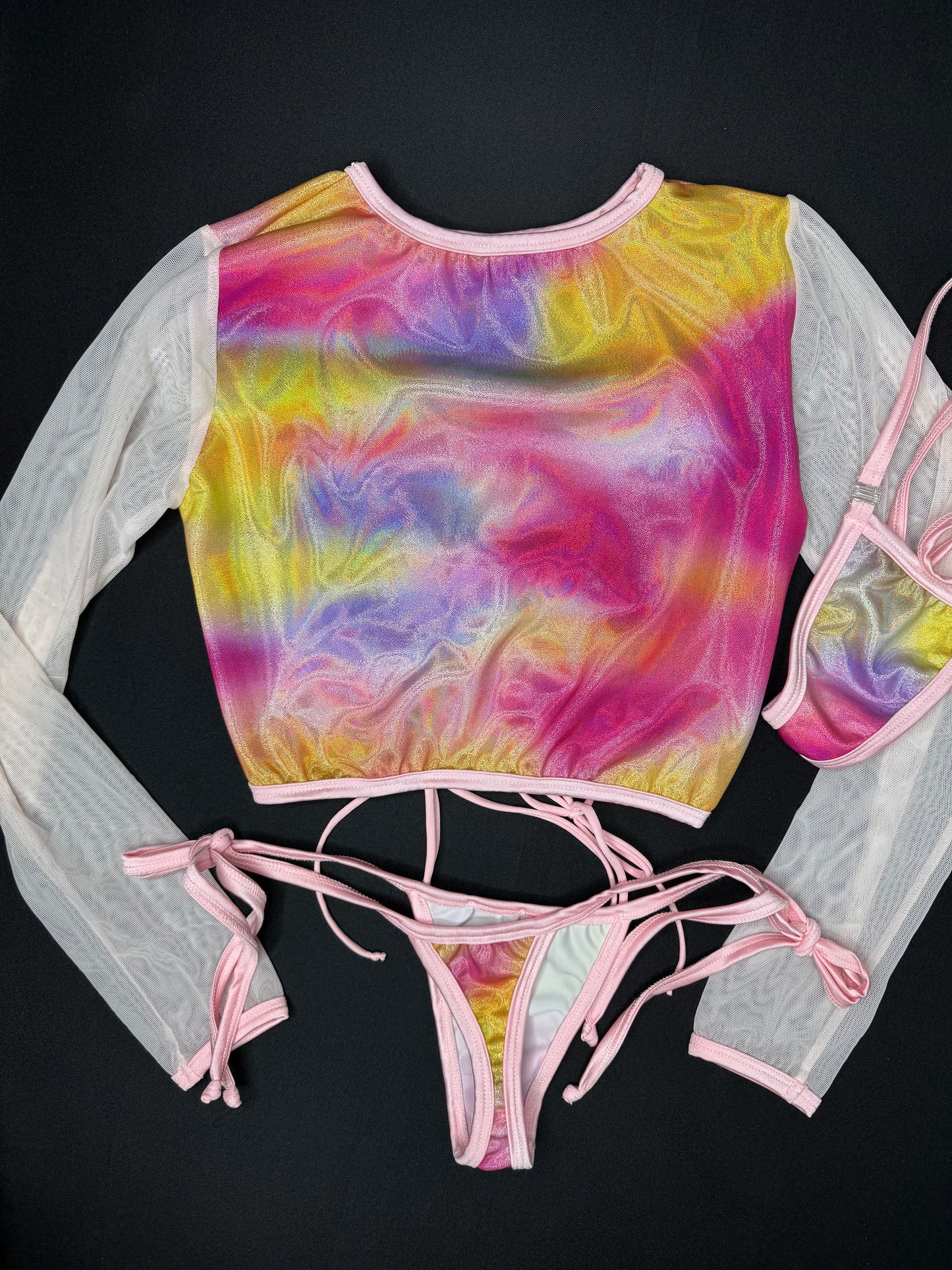 Rainbow Holographic Spandex/Pink Mesh Long Sleeve Mesh Top/Side-Tie Bikini Bottoms Lingerie Outfit