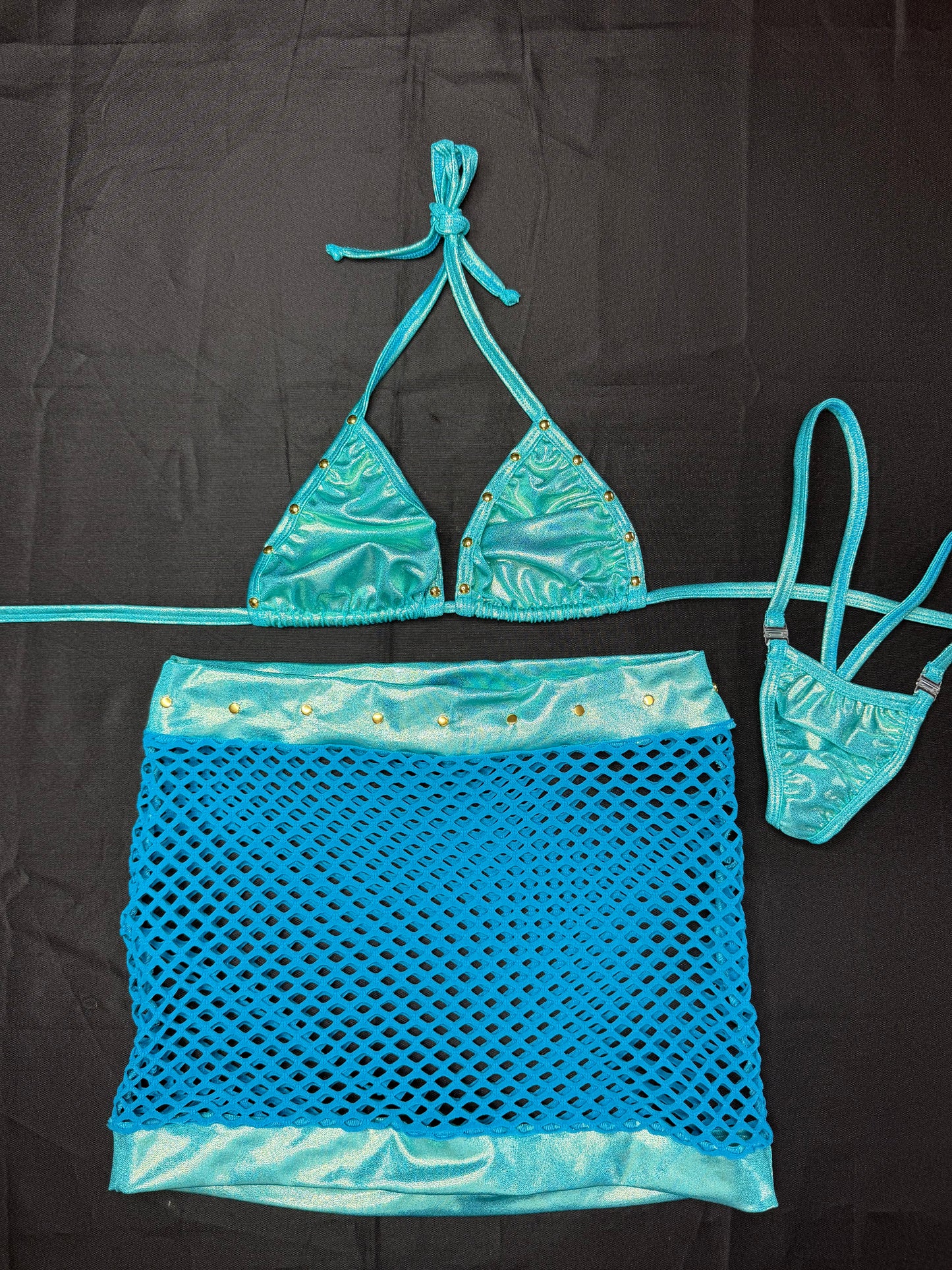 Metallic Baby Blue/Baby Blue Fishnet Spandex Two-Piece Skirt Lingerie Outfit