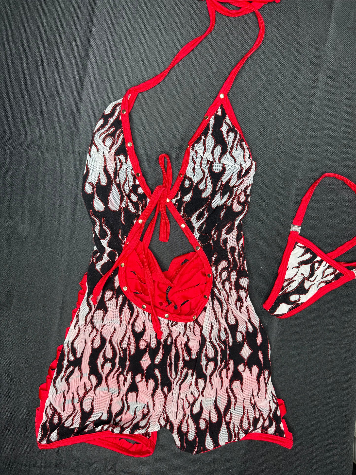 White Fire Mesh/Red Spandex One-Piece Ripped Back Lingerie Outfit