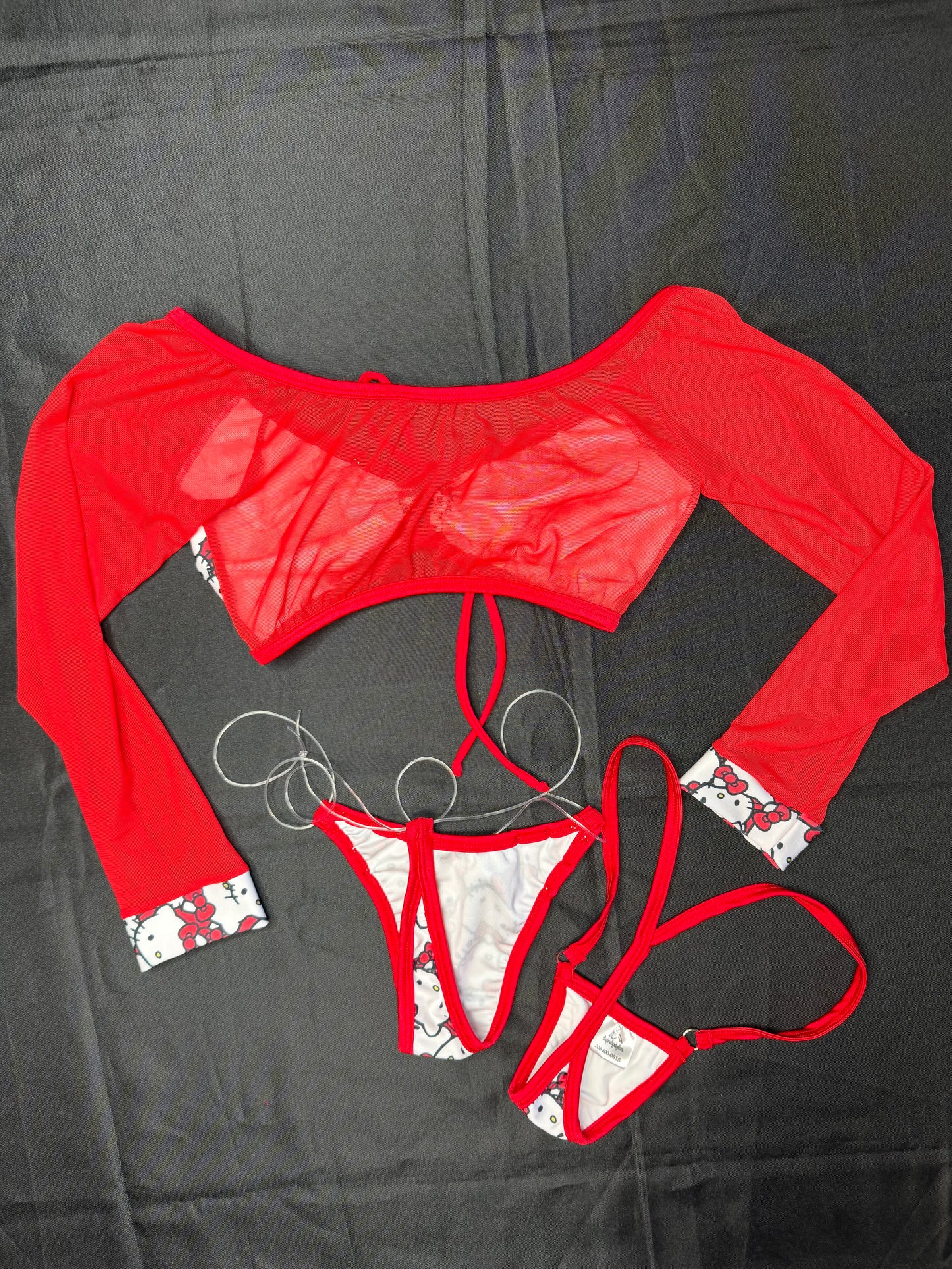 Red Mesh/Kitty Spandex Two-Piece Lingerie Outfit