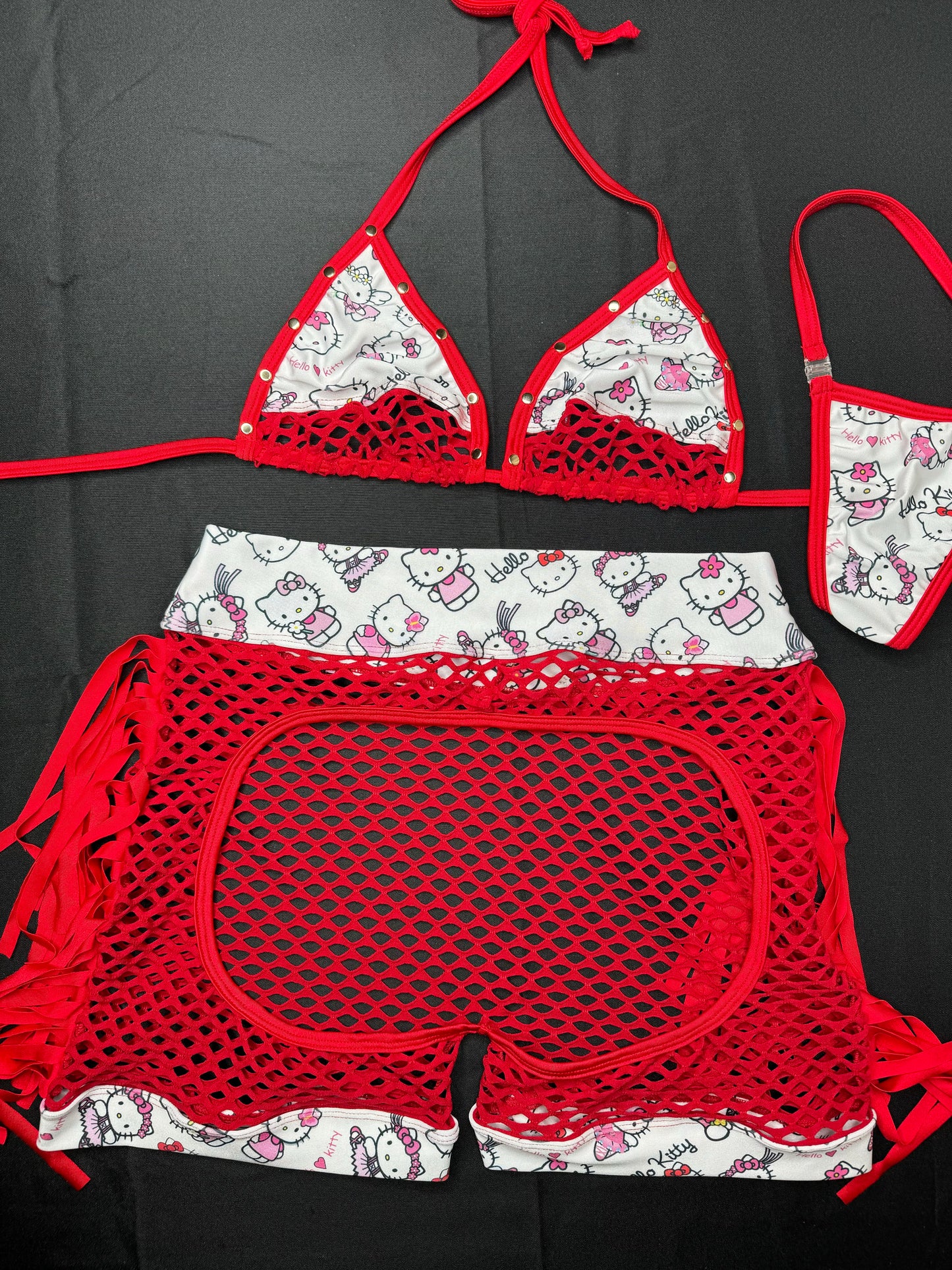 Red/White Kitty Two-Piece Chaps Lingerie Outfit