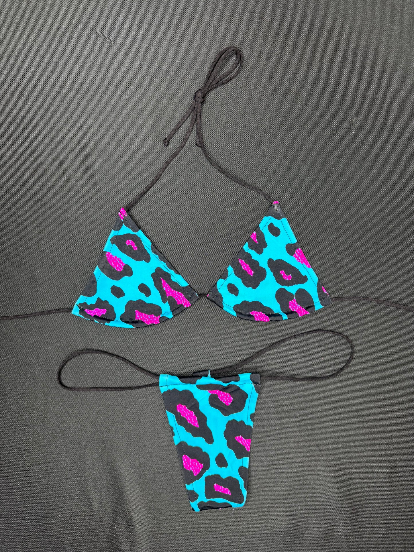 Cyan Blue Animal Print Two-Piece Micro Bikini Lingerie Outfit