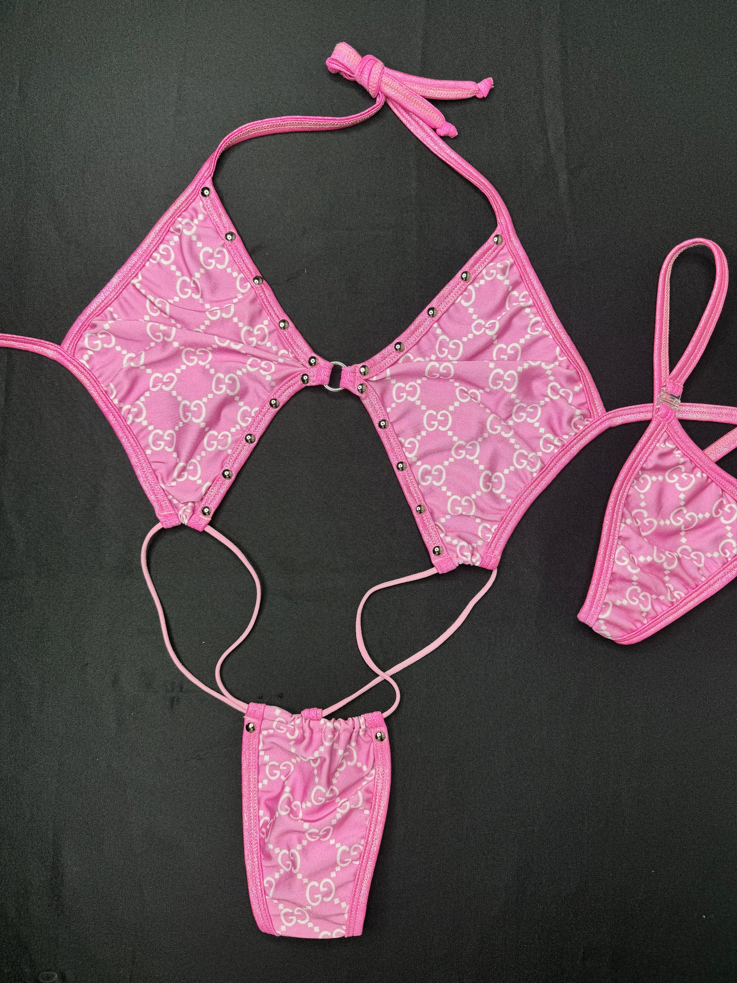 Baby Pink/Metallic Baby Pink Trim Designer Sling-Shot One-Piece Lingerie Outfit