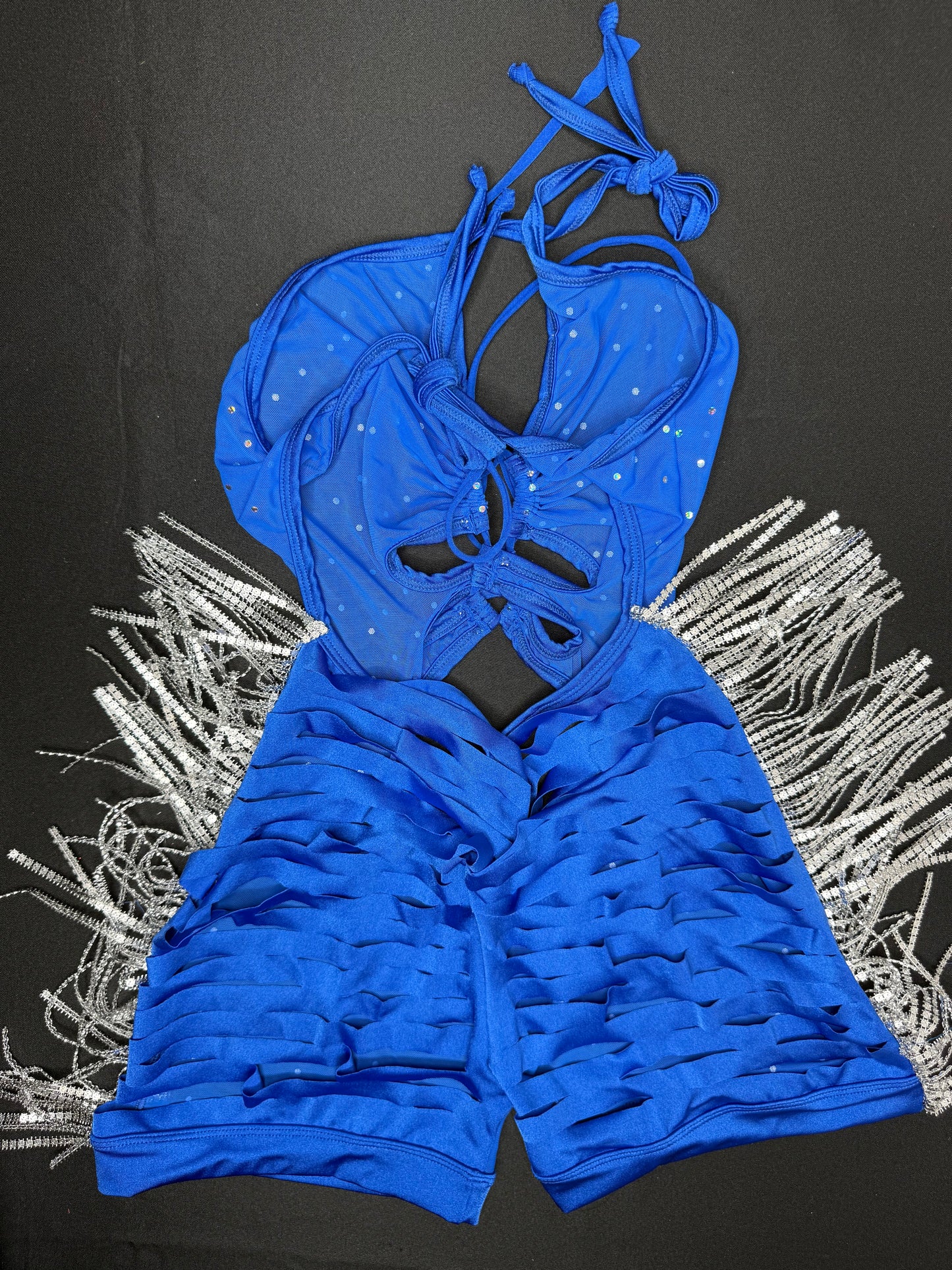 Royal Blue Mesh/Stretch Fabric Chrome Fringe Romper
