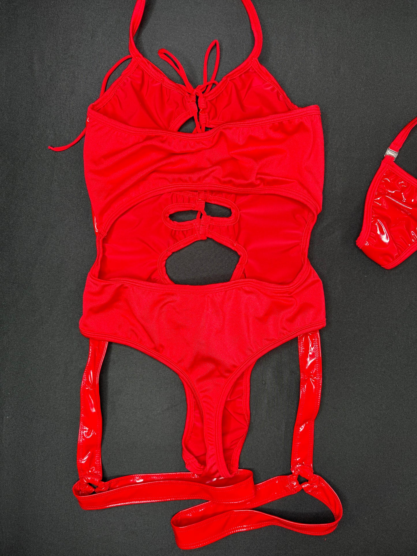 Red Latex Leotard/Garters One-Piece Lingerie Outfit