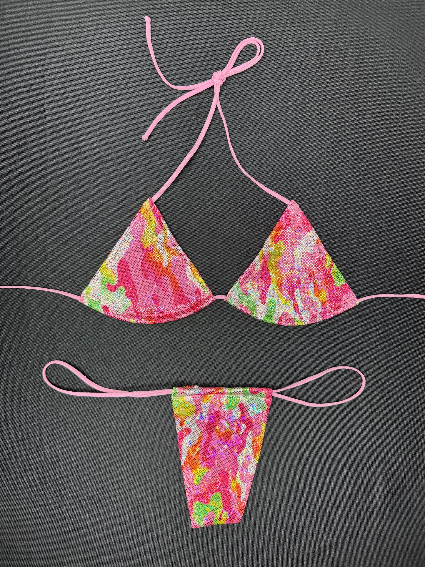 Pink Holographic Camouflage Micro Bikini Two-Piece Lingerie Outfit
