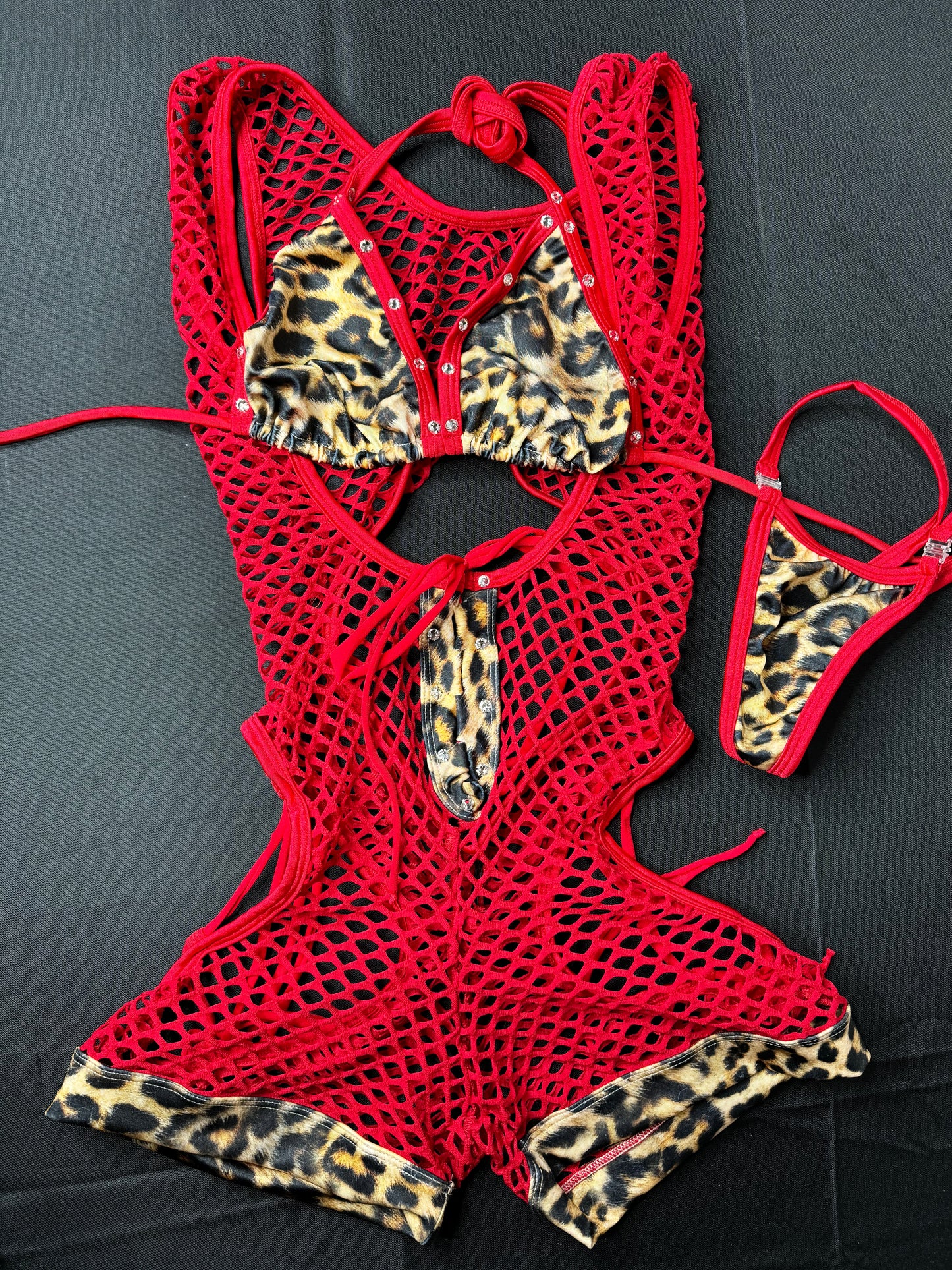 Cheetah Red Fishnet Romper Lingerie Exotic Dance wear