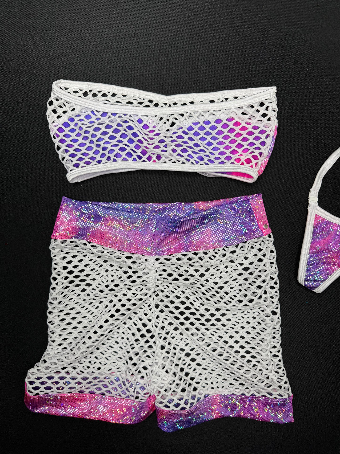 Metallic Purple/White Fishnet Tube Top/Shorts Lingerie Outfit