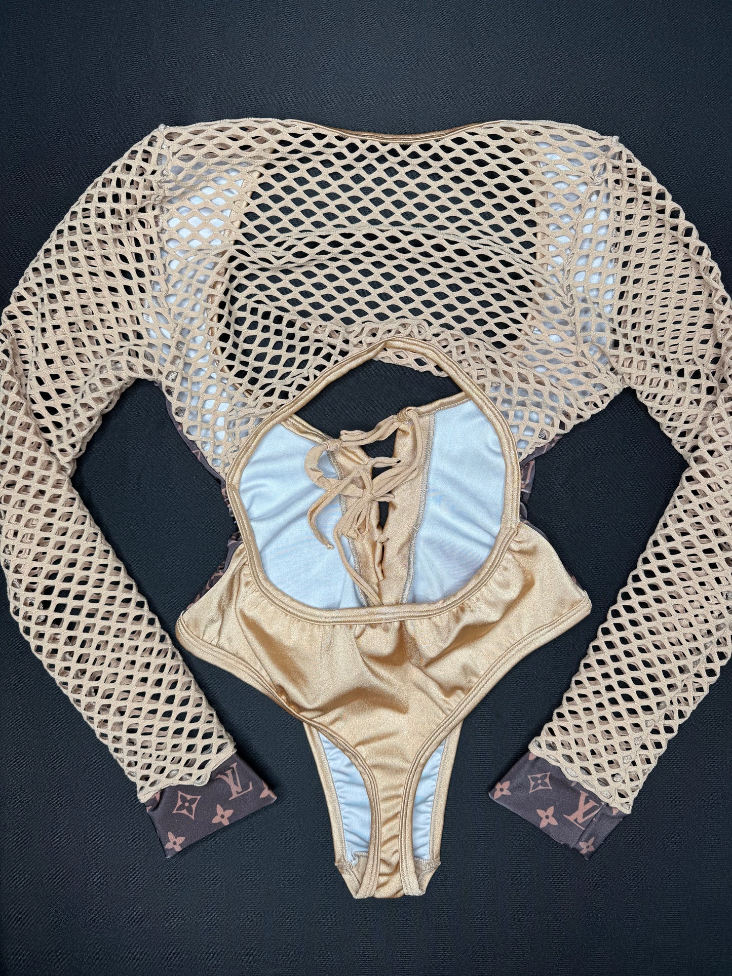 Brown Designer Fabric/Gold Fishnet One-Piece Leotard Lingerie Outfit