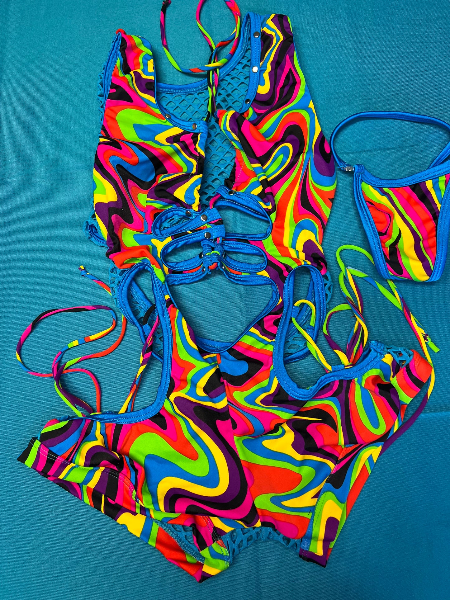 One-Piece Cosmic Stretch Fabric Baby Blue Fishnet Romper