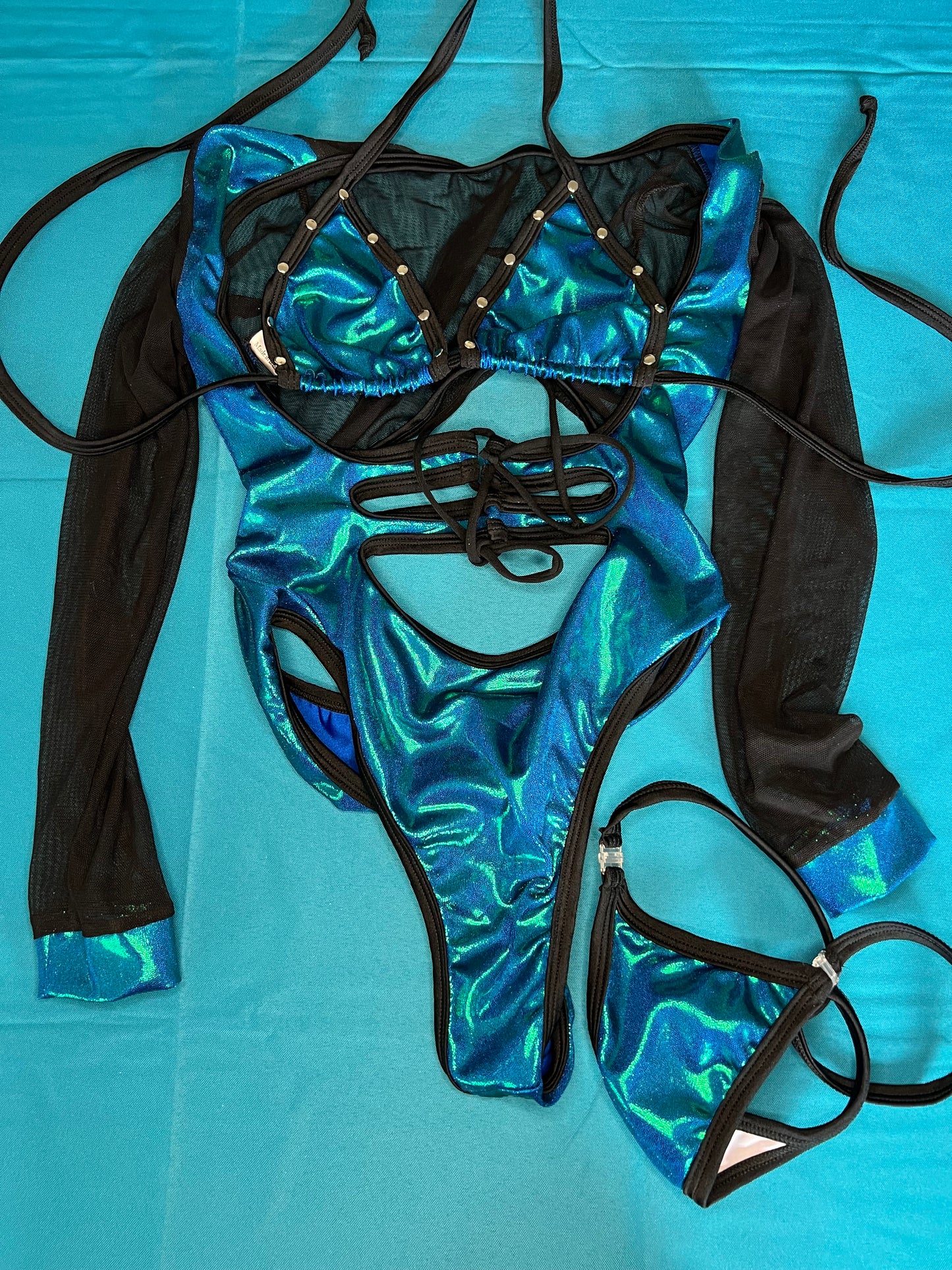 Exotic Dance Wear Aqua & Black Long Sleeve Romper Lingerie