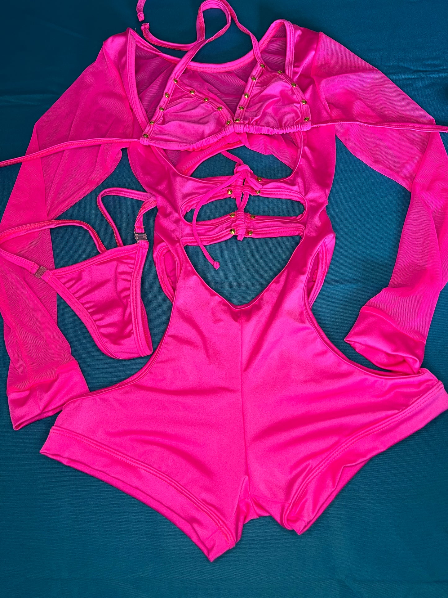 Hot Pink Mesh Bikini Top One-Piece Romper Lingerie Outfit