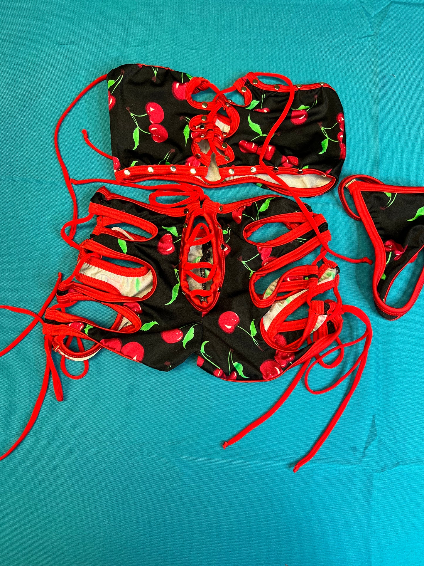 Two-Piece Red/Black Cherry Print Stretch Fabric Tube Top & Short