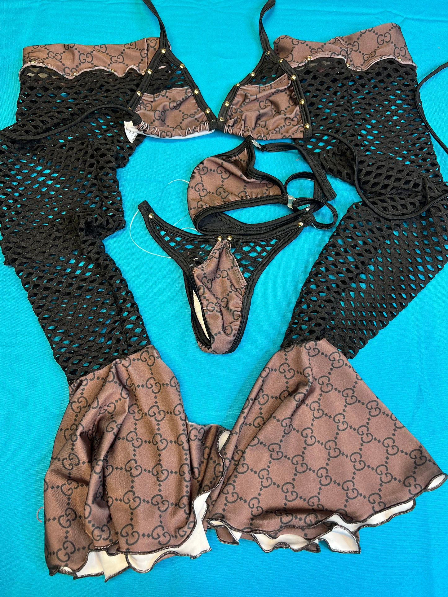 Brown Stretch Fabric & Black Fishnet Leg Outfit Exotic Dance Wear