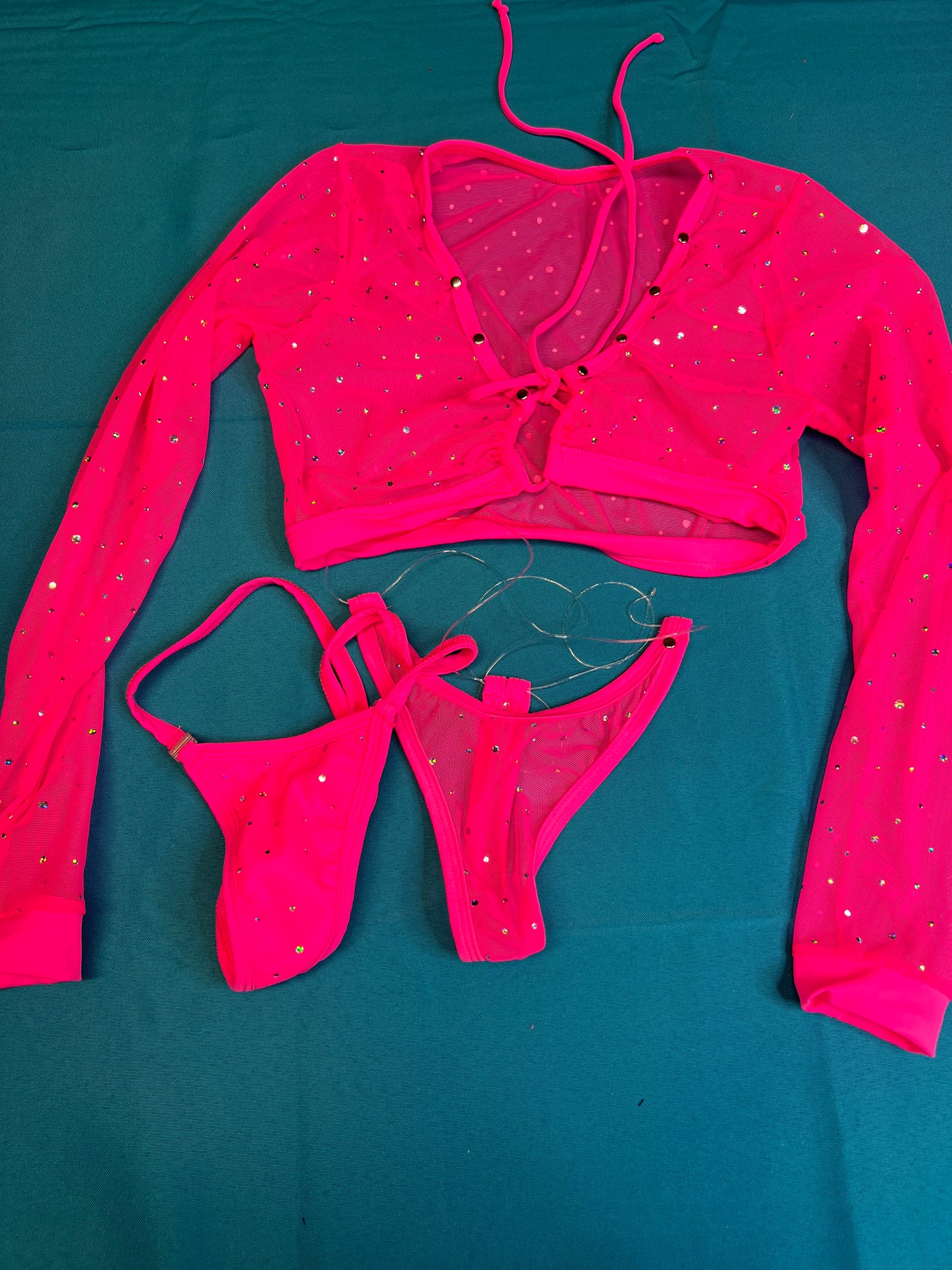 Two-Piece Hot Pink Mesh Long Sleeve Top Outfit Stripper Attire