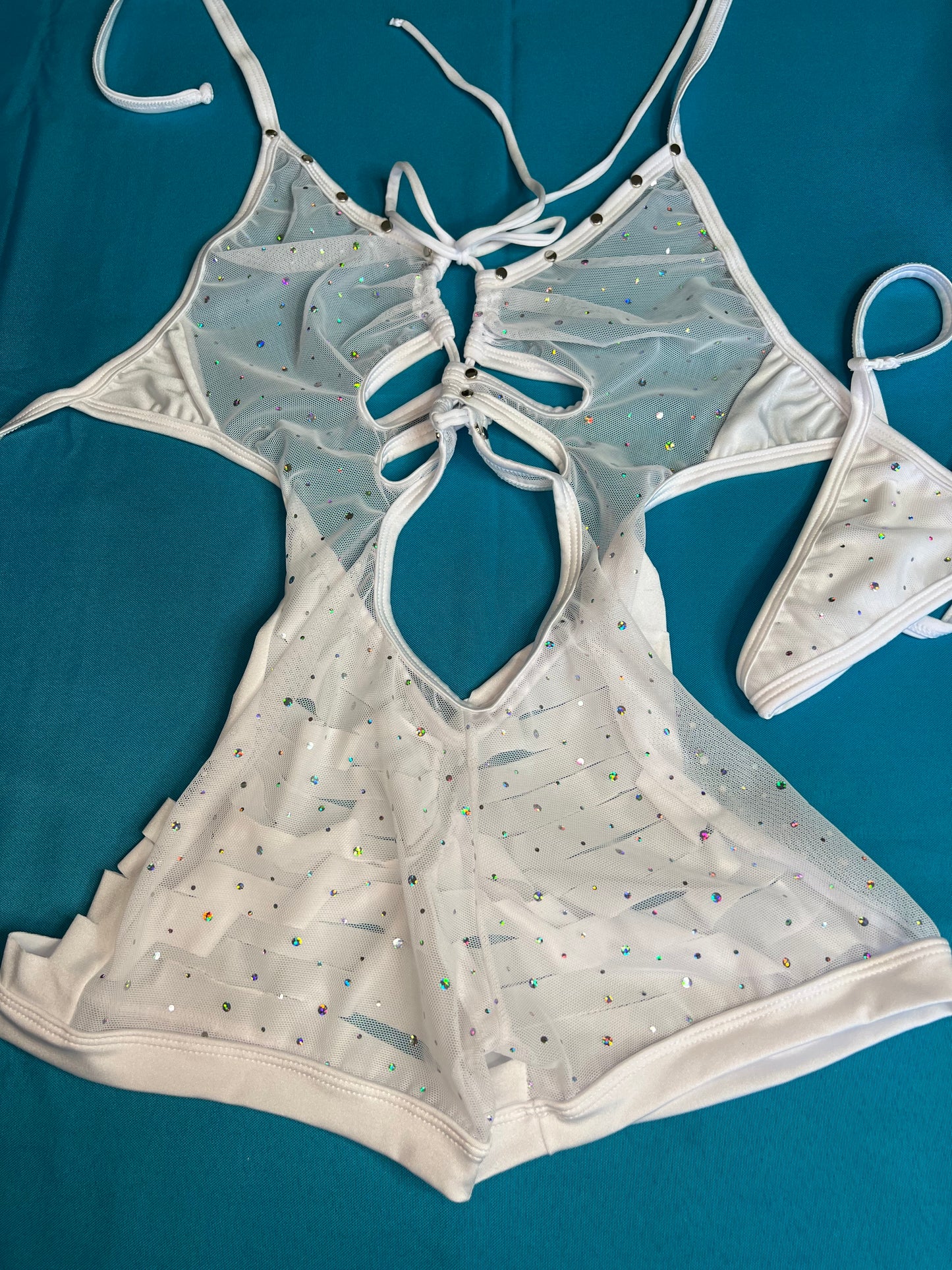 White Sparkle Mesh One-Piece Outfit Exotic Dance Wear