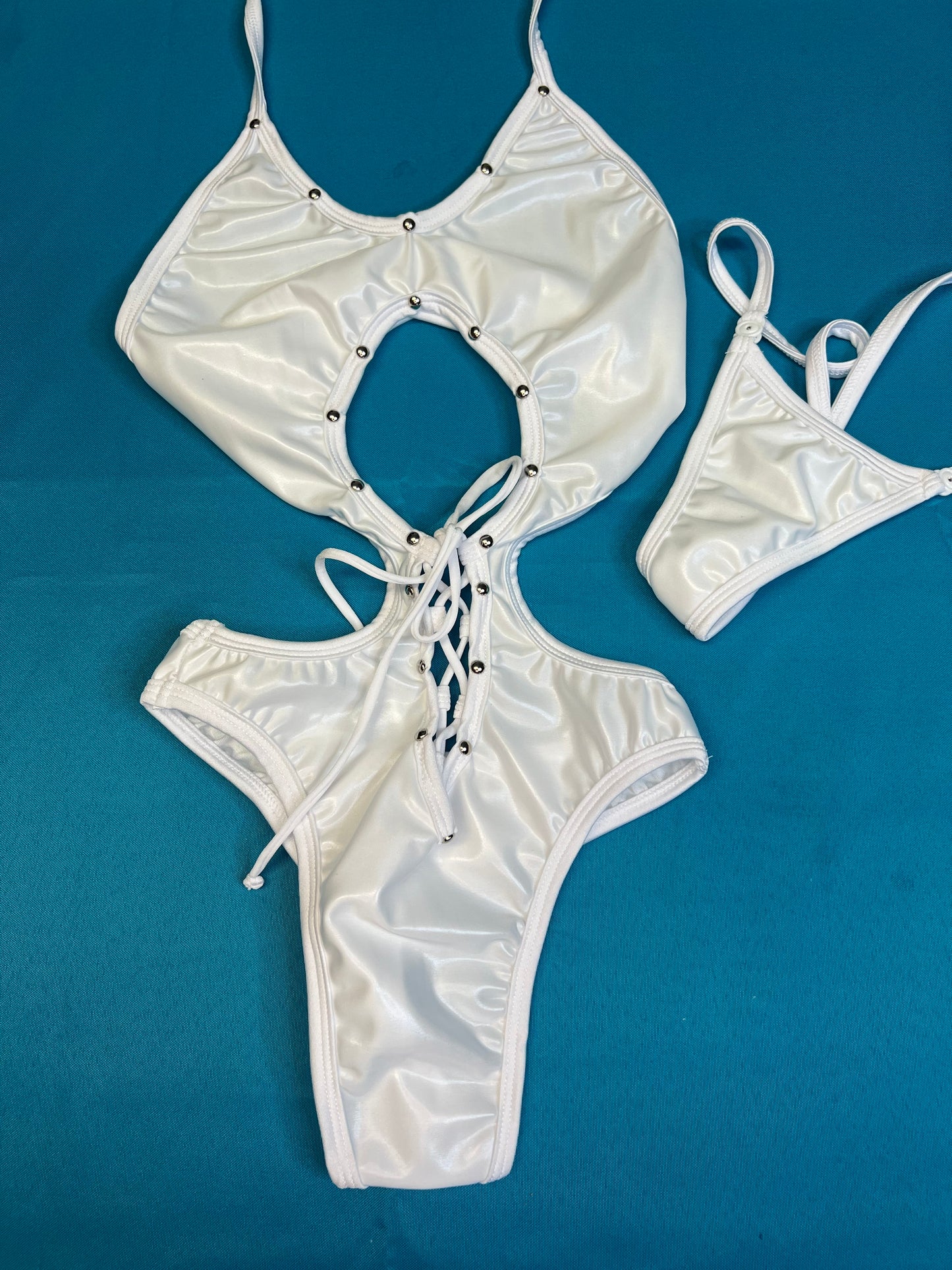 White Exotic Dance Wear One-Piece Outfit Metallic Stretch Fabric