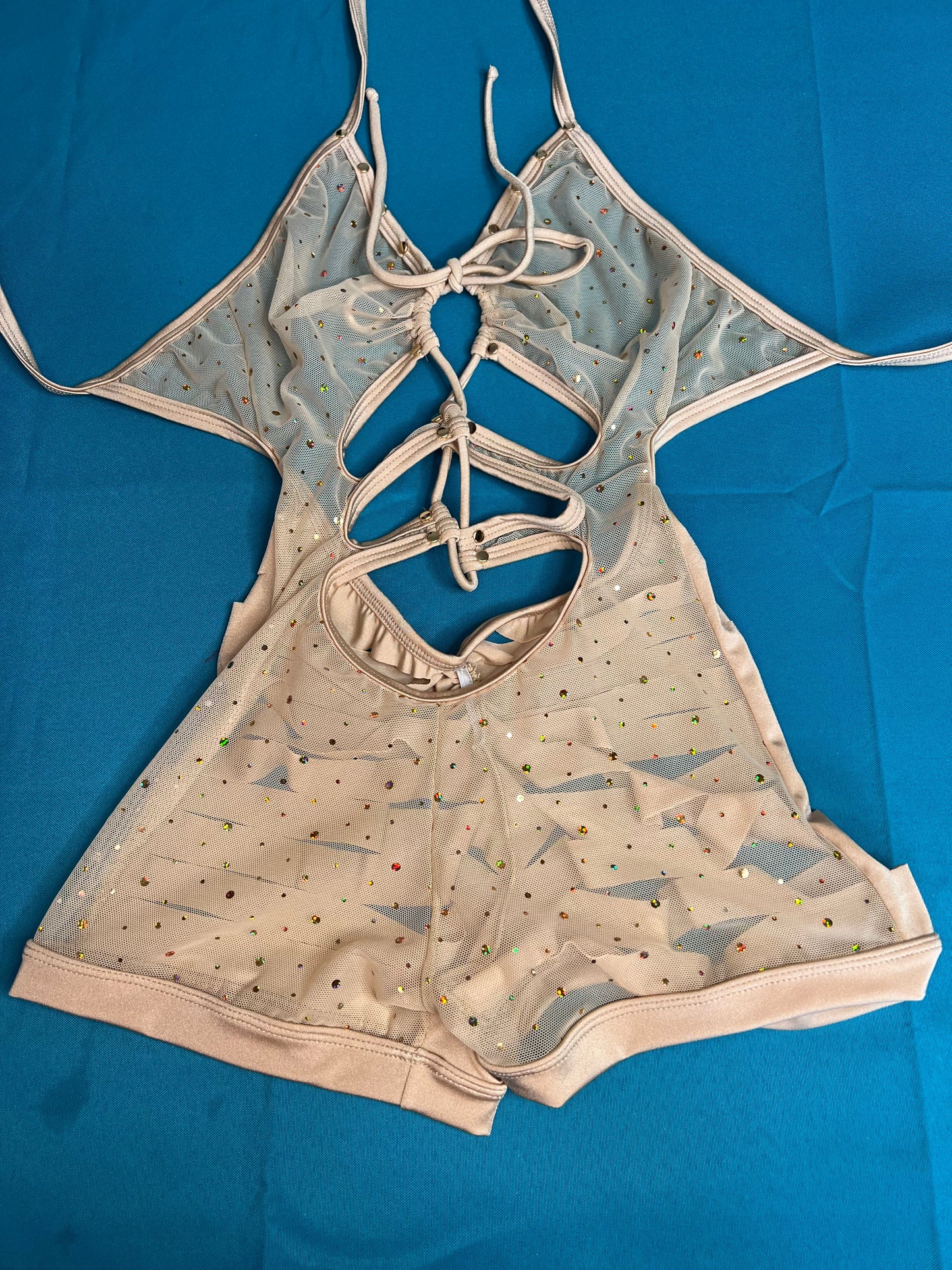 One-Piece Gold Mesh Ripped Back Outfit Sensual Dance Wear