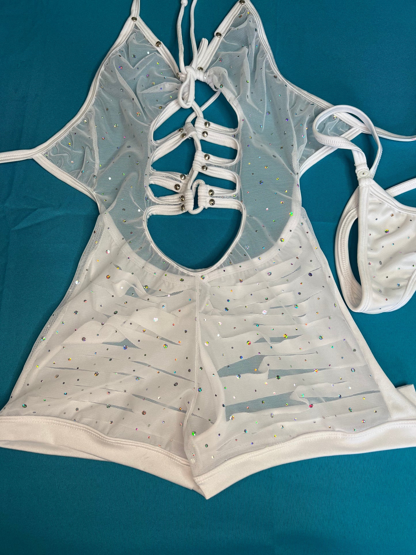 White Sparkle Mesh One-Piece Outfit Exotic Dance Wear