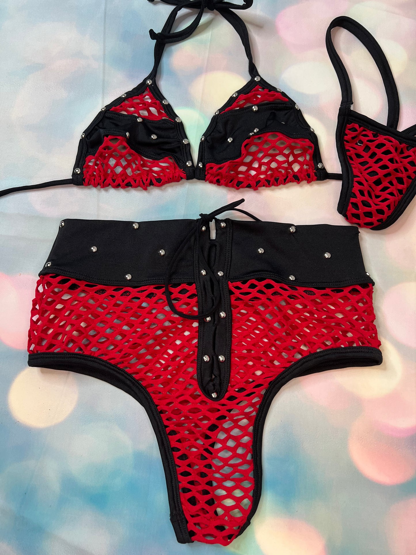 Exotic Dance Wear Bikini Two-Piece Top and Shorts Red/Black