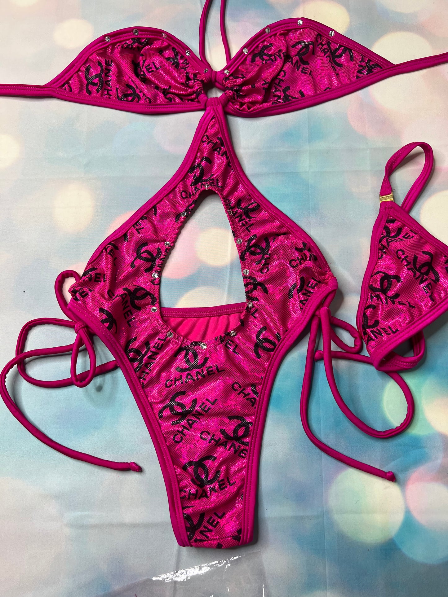 Exotic Dance Wear One-Piece Outfit Thong Set Metallic Hot Pink