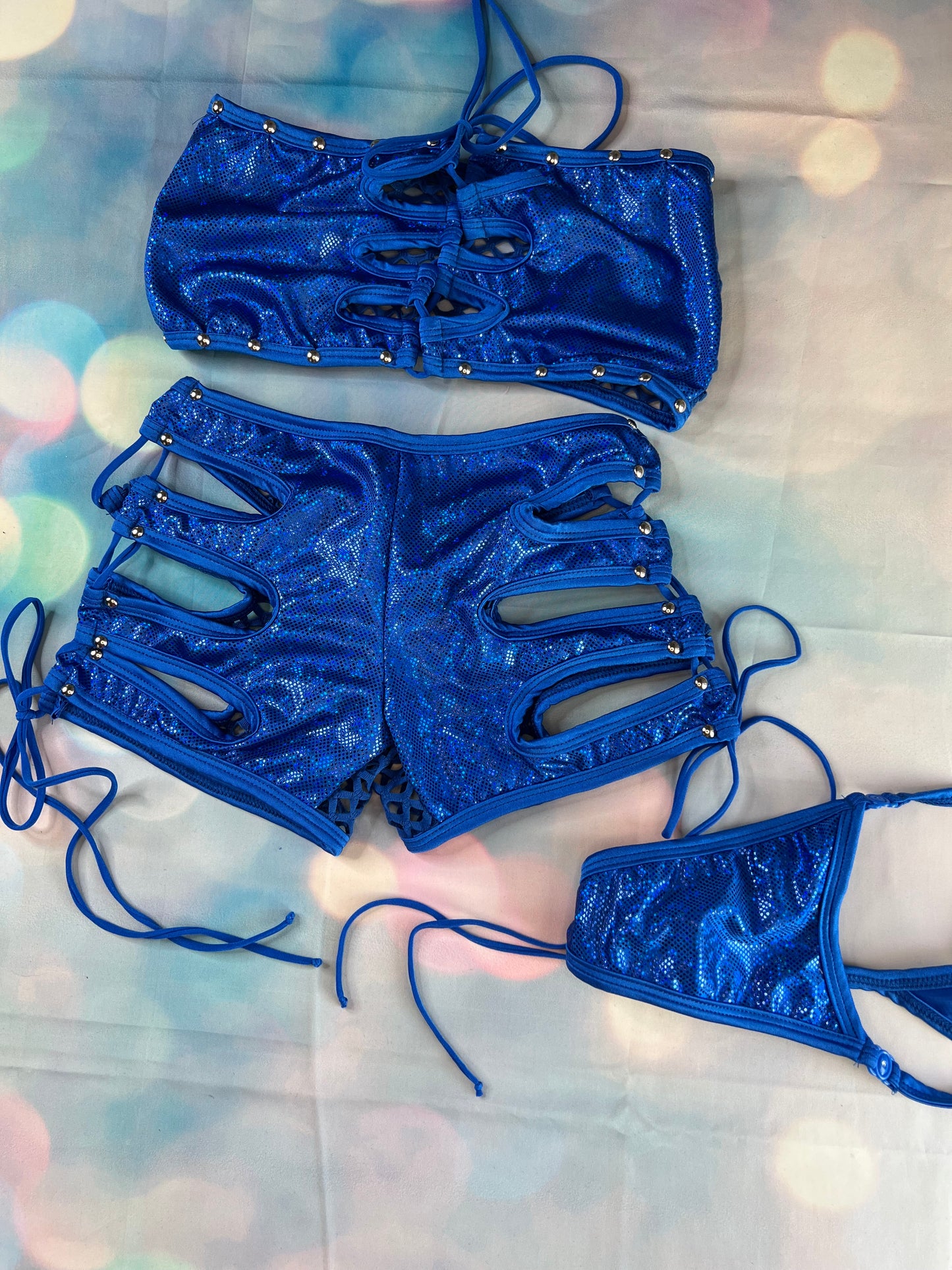 Metallic Blue Exotic Dance Wear Two-Piece Outfit Sexy Stripper