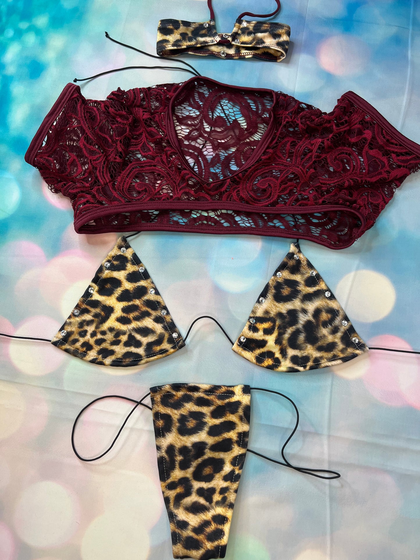Cheetah Print Burgundy Lace Exotic Dance Wear Two-Piece
