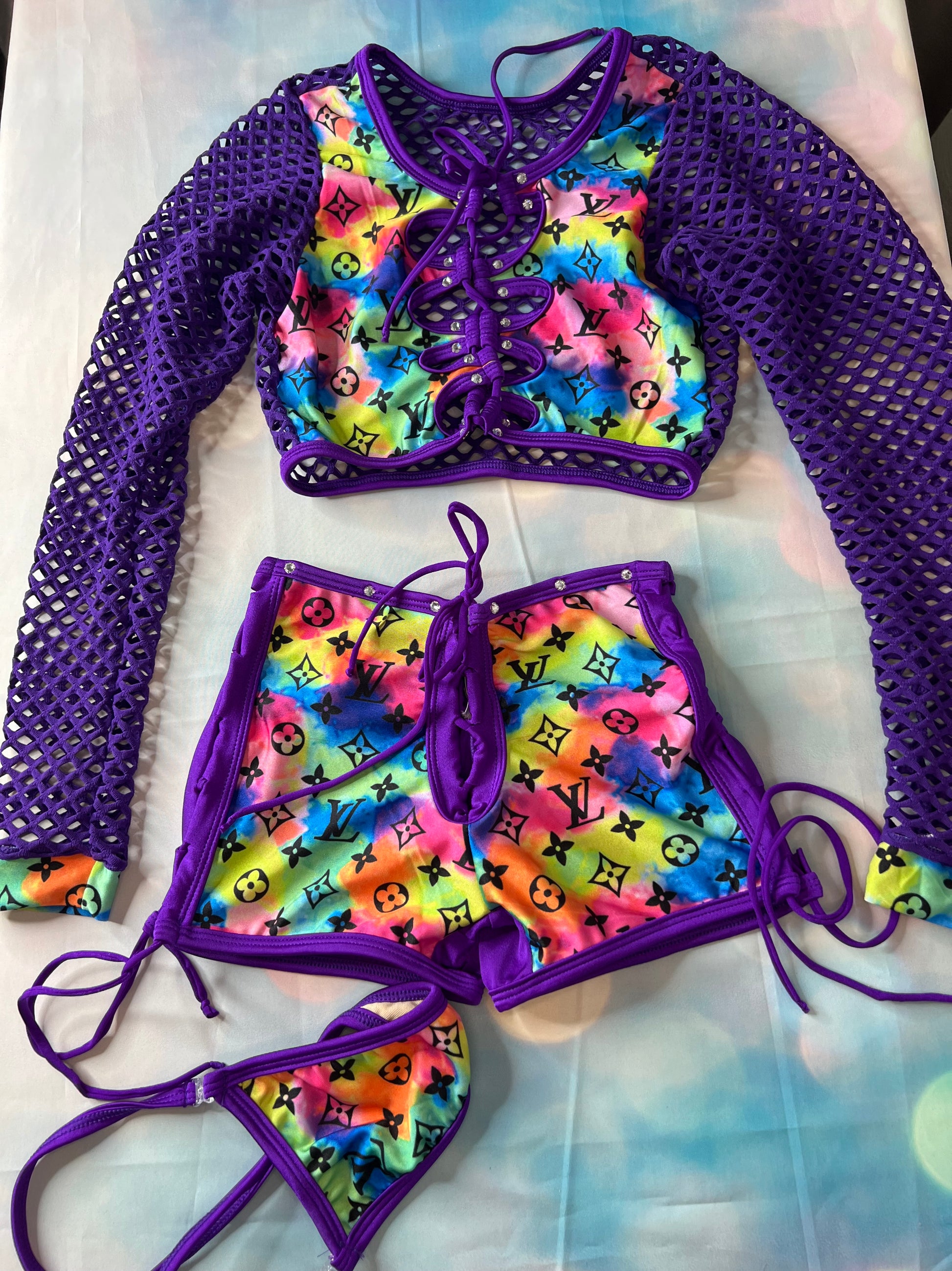 Purple Fishnet Exotic Dance Wear Two-Piece Stage Sensation