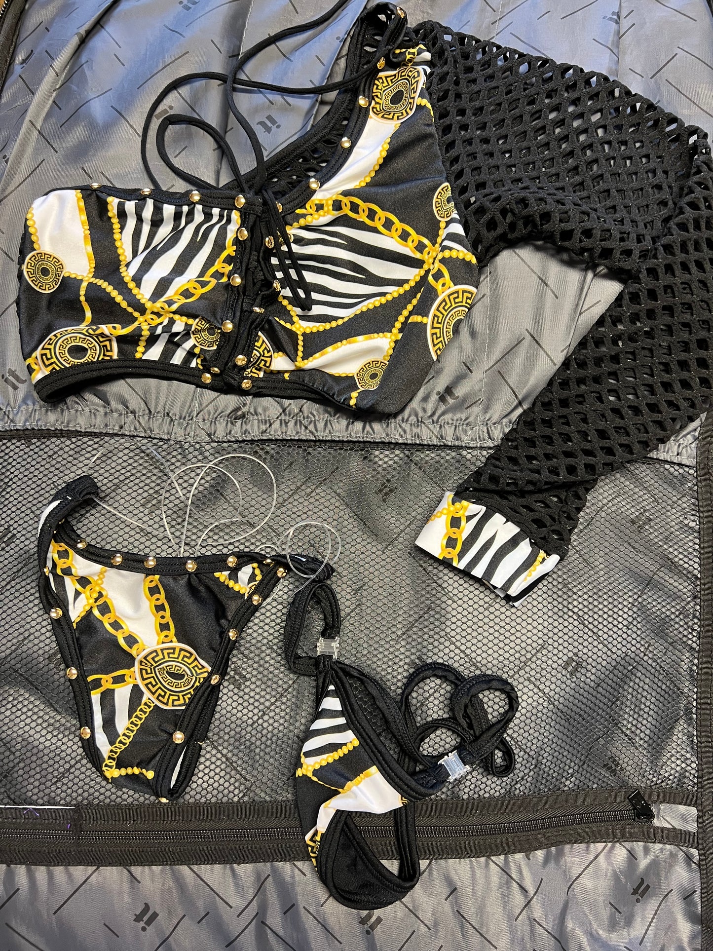 Exotic Dancewear Black/Gold Stretch Fishnet Lingerie Outfit