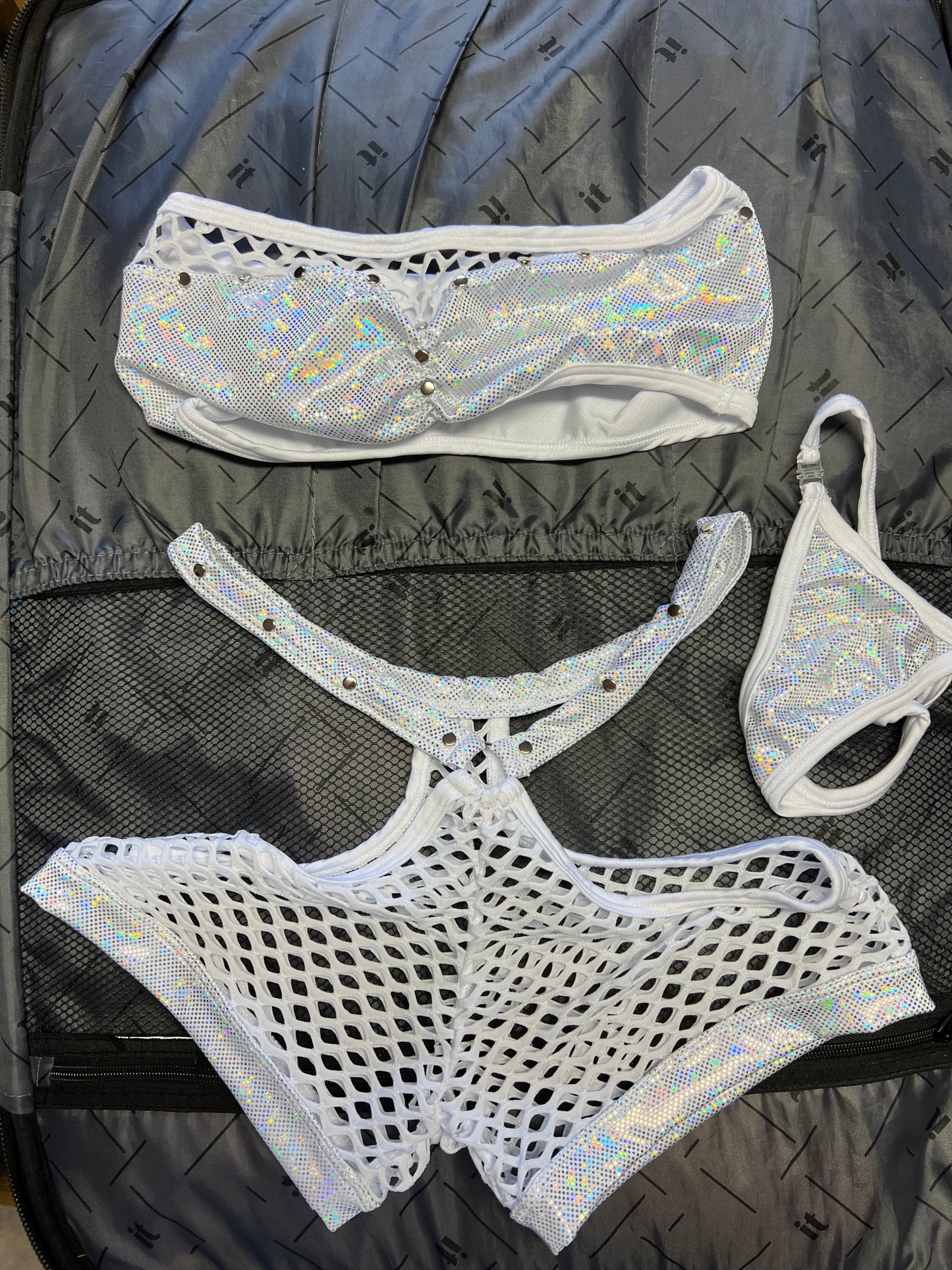 Metallic White/Silver Tube Top & White Fishnet Shorts Dance Wear