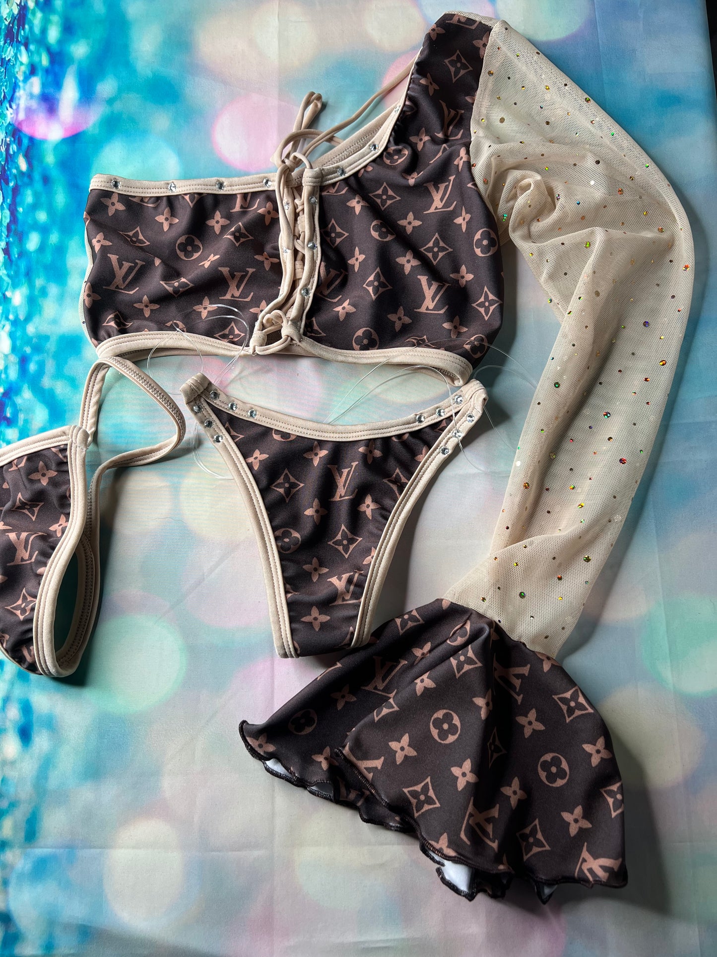 Single Sleeve Dance Wear Outfit Sensual Strippers Gold/Brown